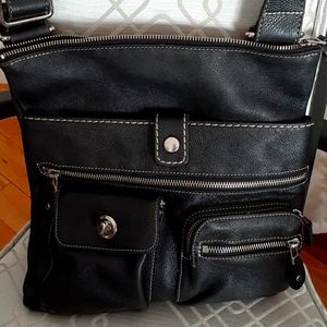 Roots black leather venetian crossbody purse